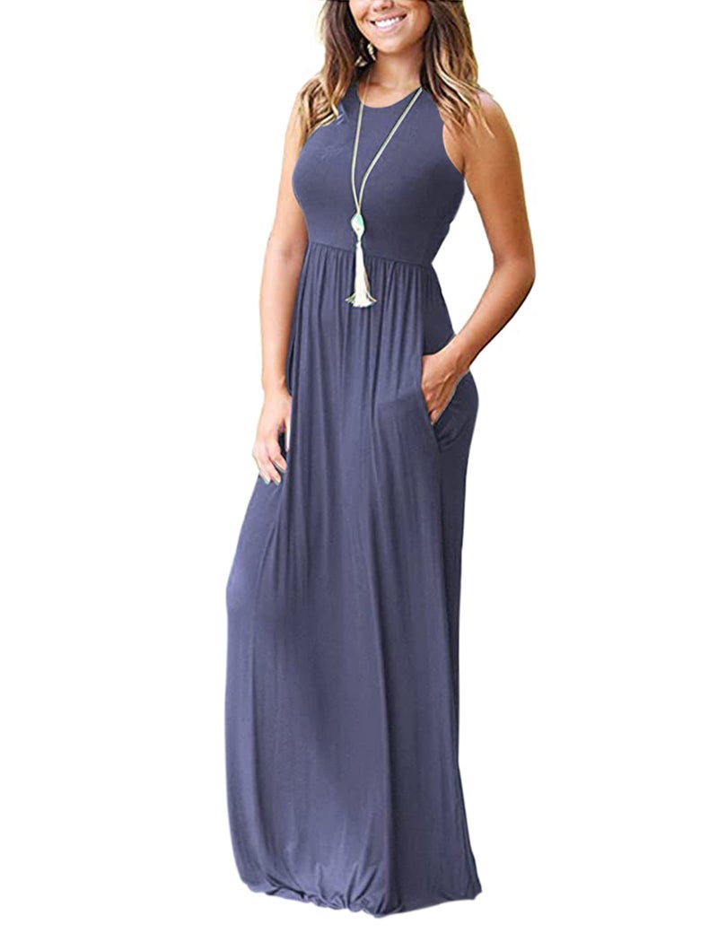 AUSELILY Women's Summer Sleeveless Loose Maxi Dress Casual Long Dresses with Pockets 2026 New Purple Gray M - Image 2